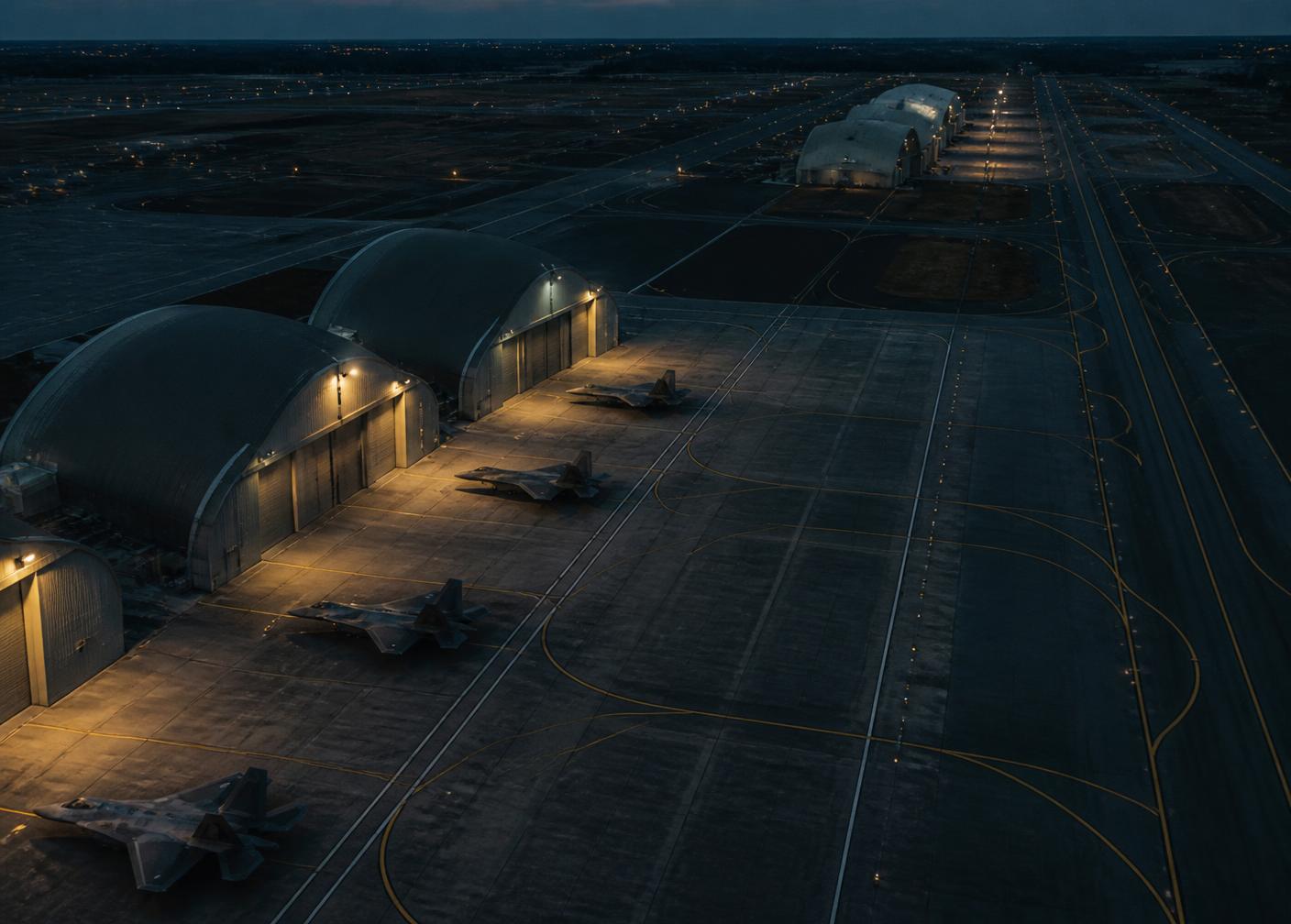 Military airfield apron at dusk